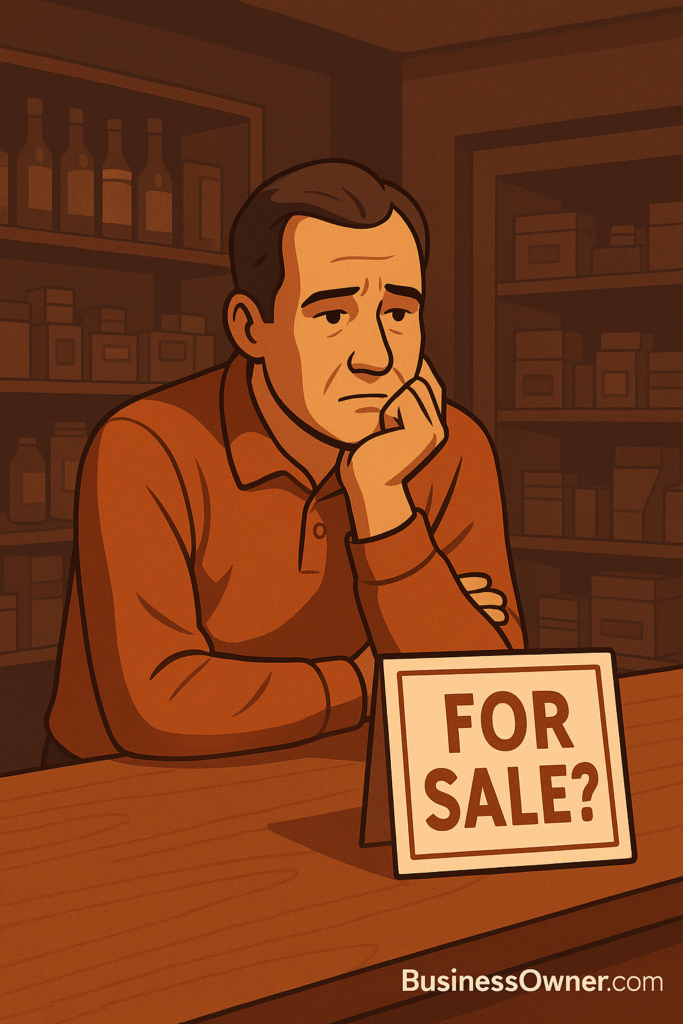 05bc44a4efb2c018f4aeadb8e46243179c24f0d8ba36b7635abd027d034d8c61 Business Owner Illustration of a middle aged small business owner sitting alone in his shop after hours leaning on the counter with a hand on his chin looking thoughtfully at a sign that reads For Sale Warm earthy tones shelves stocked in the background BusinessOwnercom logo in the corner