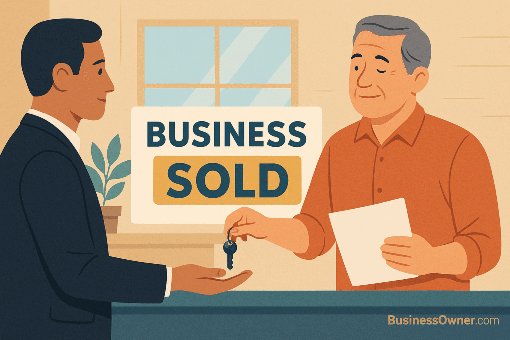 c979e61a9844e1dcc96702be0557fcfd3da3c499b2945b1adc884e07f30a9fa2 Business Owner Vector illustration of a smiling older business owner handing over keys and documents to a younger buyer in a suit A large Business Sold sign is displayed in the background with the BusinessOwnercom logo in the corner