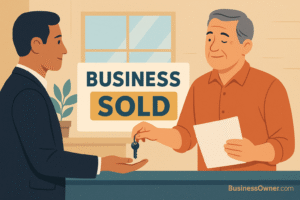 Vector illustration of a smiling older business owner handing over keys and documents to a younger buyer in a suit A large Business Sold sign is displayed in the background with the BusinessOwnercom logo in the corner