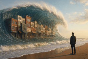 Silver tsunami wave made of small businesses approaching a buyer