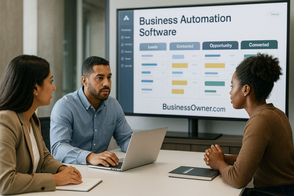 Poster of a confident entrepreneur closing a business deal with BusinessOwner.com