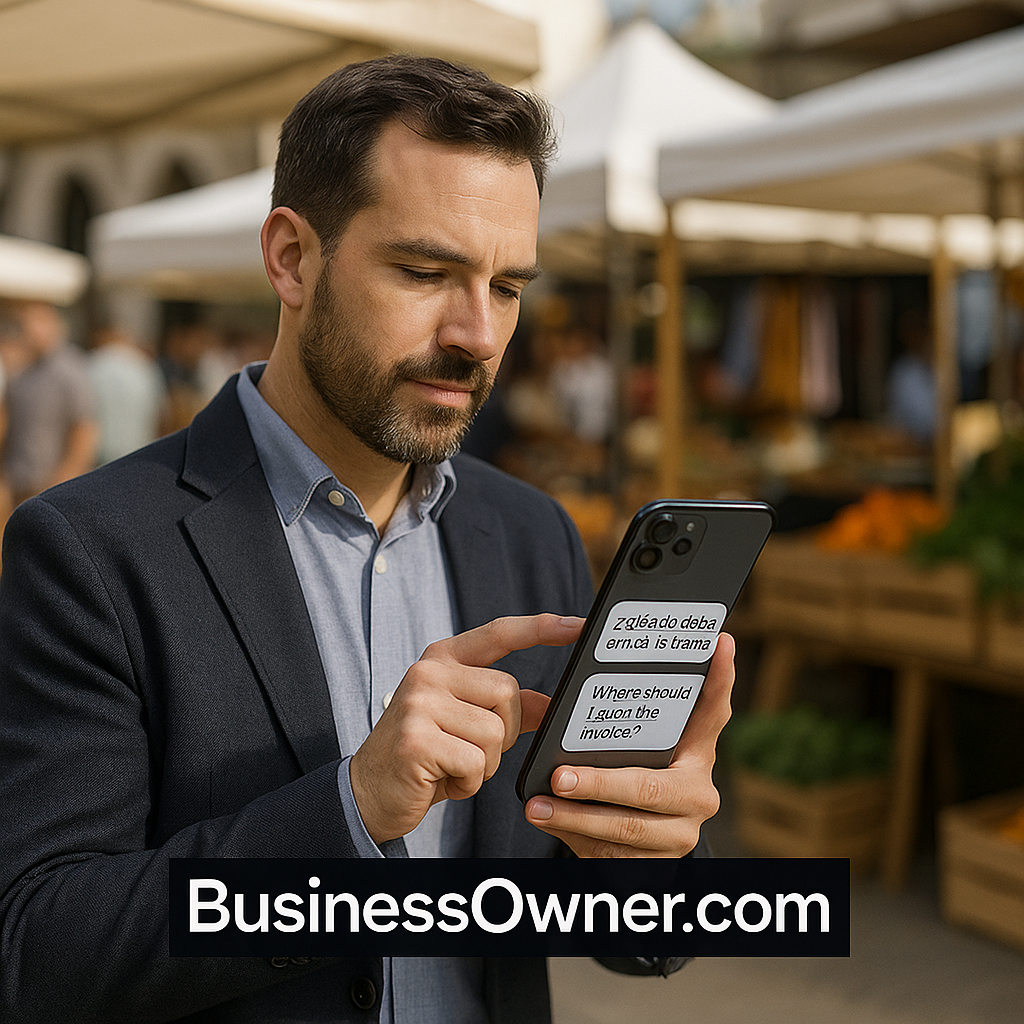 Business owner using iPhone Air to review live-translated messages at a market, with BusinessOwner.com visible onscreen.