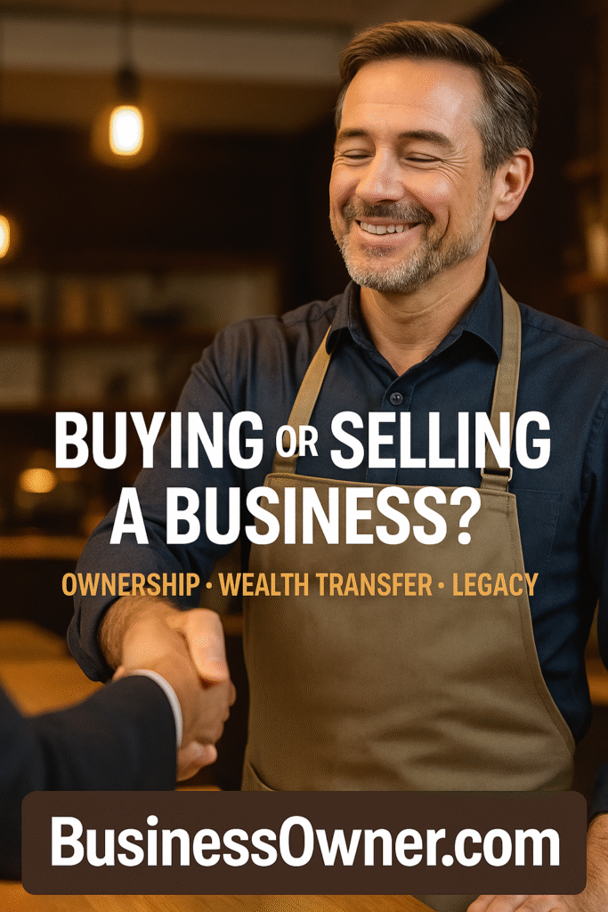 Poster of a confident entrepreneur closing a business deal with BusinessOwner.com branding overlay