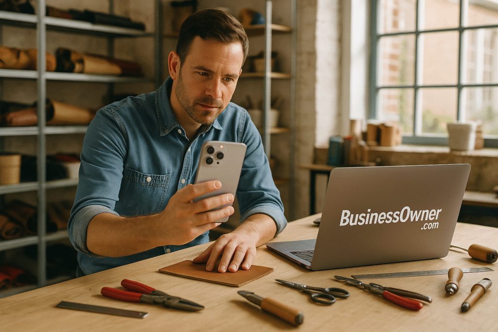 Entrepreneur using iPhone 17 Pro to film product for content creation beside a BusinessOwner.com branded laptop
