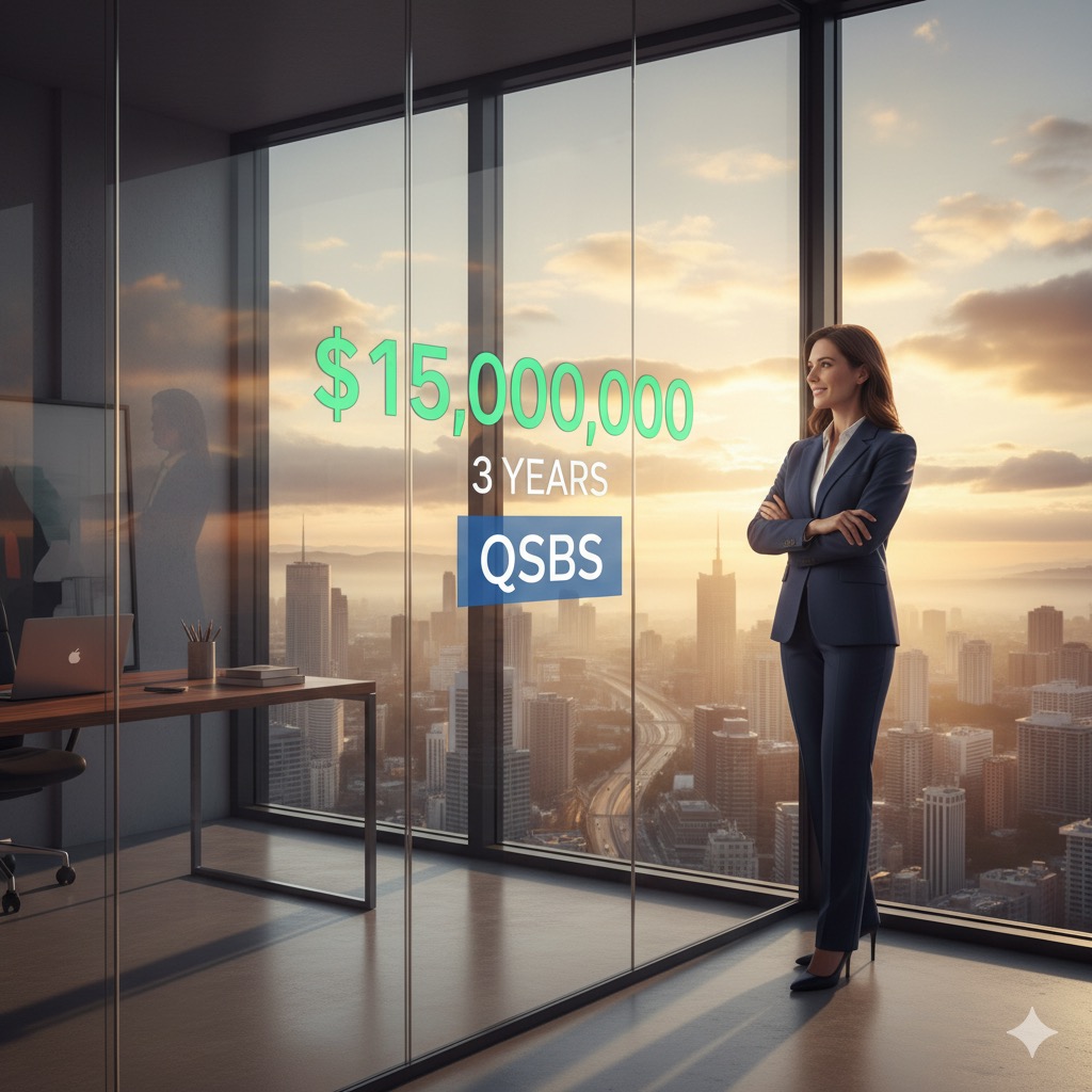 Business owner overlooking city skyline at sunrise with digital tax and valuation numbers reflecting in the glass — representing new opportunities under the One Big Beautiful Bill Act.