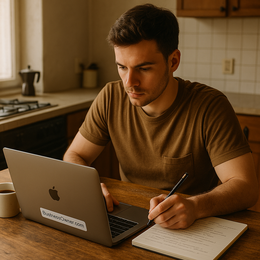 3C7CDCEF0EC64FC39DE3FD4265076503 Business Owner Young entrepreneur working at a small kitchen table with a laptop and notepad planning a service based business with subtle BusinessOwnercom branding