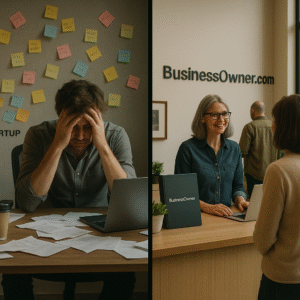 Split scene showing a chaotic startup with a stressed founder on the left and a calm organized small business on the right with a BusinessOwnercom logo in the background