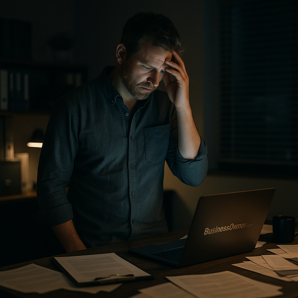 Split scene showing a chaotic startup with a stressed founder on the left and a calm, organized small business on the right, with a BusinessOwner.com logo in the background.