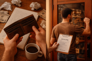 Split-scene image showing a person with an empty wallet at a cluttered desk on the left and confidently knocking on a local business’s door with a service offer on the right, symbolizing taking action despite being broke.