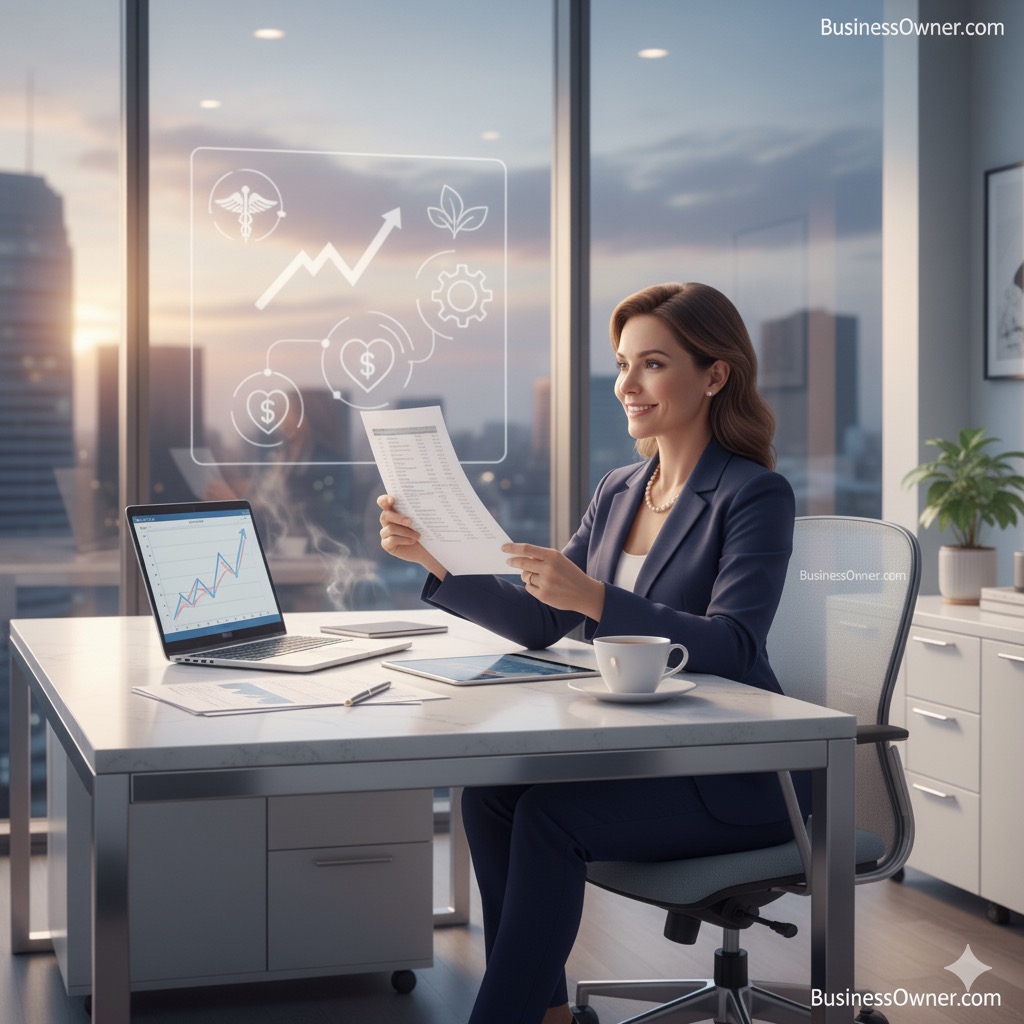 Small business owner reviewing health-care costs and financial documents, representing how ACA tax credits impact business valuation and sales