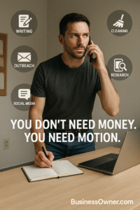 Entrepreneur standing at a simple desk with floating skill icons showing how to start a business with no money