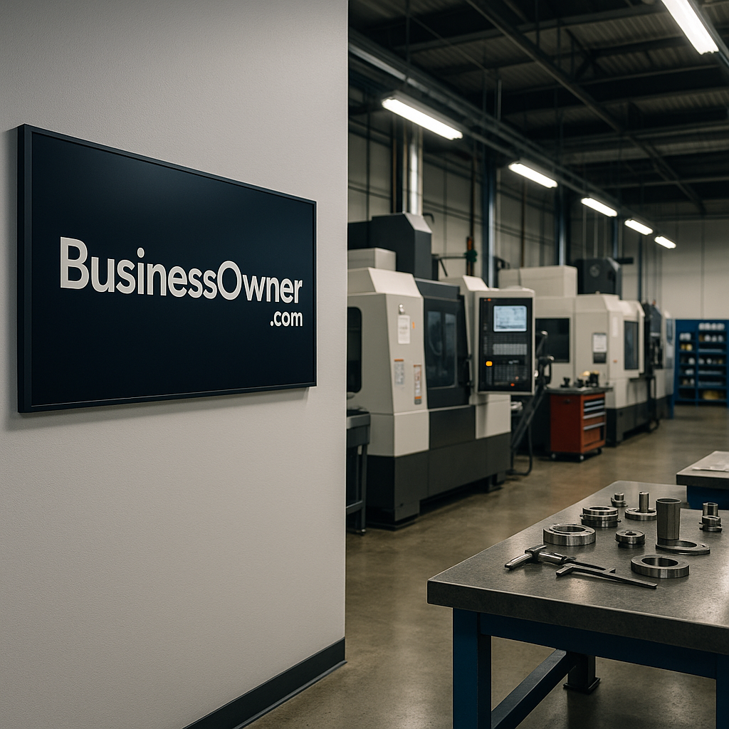 A modern manufacturing facility with CNC machines and metalworking equipment featuring a clean wall mounted BusinessOwnercom sign in the foreground